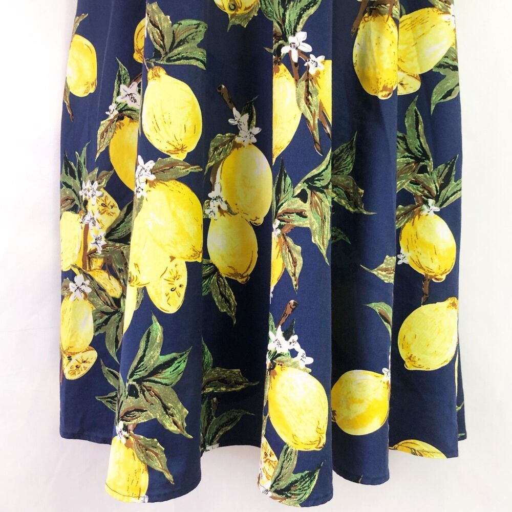 NWOT SUCREFAS Lemon Floral Navy Dress (M) Blue Retro Swing Fit & Flare - Picture 6 of 13